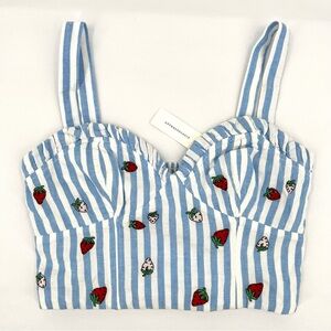 Anthropologie Maeve Blue and White Stripes with Strawberries Tank Top Size 8